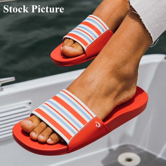 OluKai Kīpuni Limited Edition Lehua Flower / Stripe Slide Sandals Women's Sz 8 - Picture 2 of 9
